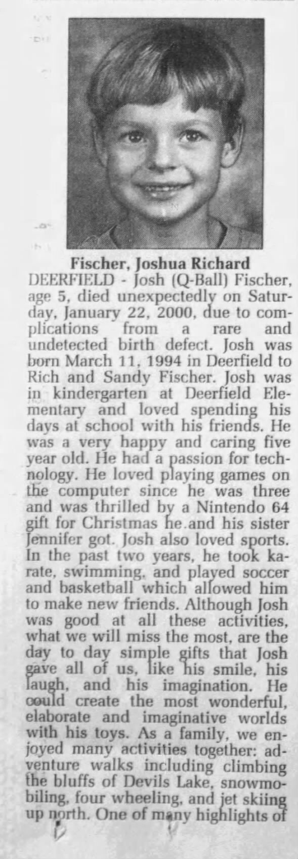 Obituary for Joshua Richard Fischer, 1994-2000 (Aged 5)